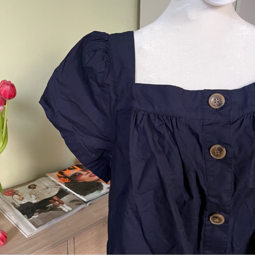J CREW Navy Blue 100% Cotton Square-Neck Button Puff Cap Sleeve Poplin Blouse XL - Picture 9 of 16
